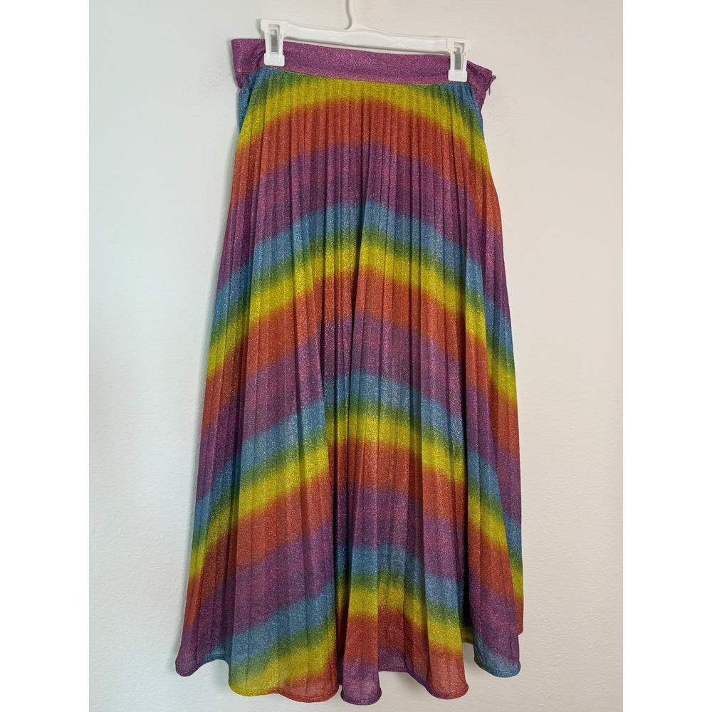 Flying Tomato Rainbow Glitter Pleated Midi Skirt Large Metallic Multi Color L
